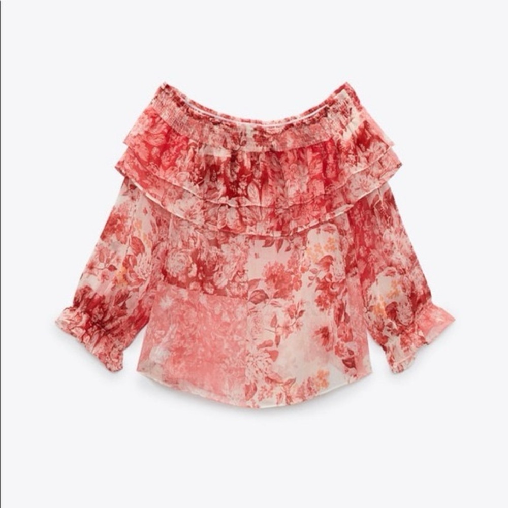 Zara Printed Ruffled Strapless Off-the-Shoulder Blouse Top Red/White Large NWT